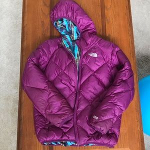 North Face girls reversible puffer purple & plaid